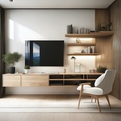 White and wooden home office, tv