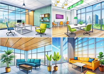 Doodle-style architectural photos of trendy offices.