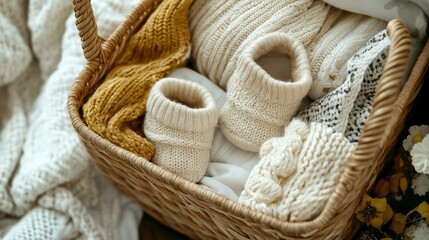 Cozy Basket with Knitted Baby Clothes, Booties, and Blankets
