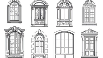 Vector set different types and shapes windows, outline vector illustration on a white background. Vintage French window with glass panes. 