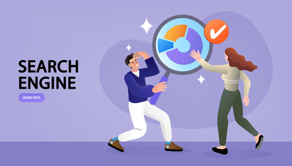 Man with magnifying glass on search box. search engine optimization in a browser window. finding present on internet. Find business information. vector illustration flat design style.