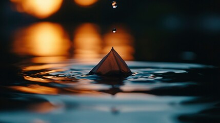 White petal boat on water with falling drop at sunset, meditation concept