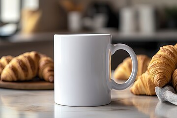 Blank mug with croissants on kitchen counter