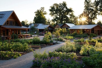 Community garden at sunset with wooden houses, pathways, and lush greenery