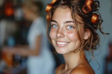 A cheerful young woman with golden curls is getting ready, sporting colorful hair rollers. The atmosphere is friendly and relaxed, with another person preparing in the background