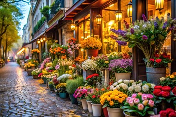 Obraz premium Floral shop vignette: Parisian street charm, delicate blooms.