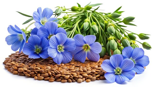 Flax flower bouquet, isolated on white.  Delicate linseed seeds.