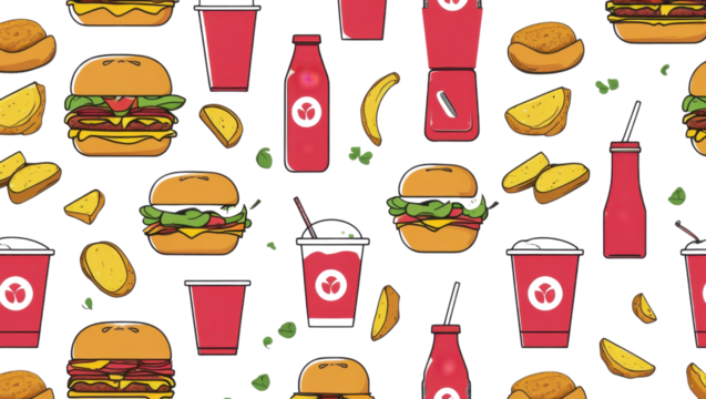 Seamless Pattern of Fast Food Items with Burgers, Fries, Drinks, and Snacks – Cartoon Style
