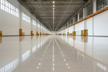 Obraz premium Empty warehouse interior with polished floor and natural light
