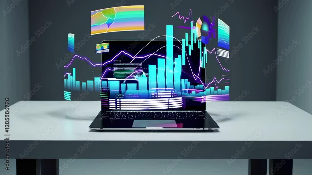 Aufkleber financial data analysis concept featuring a laptop displaying interactive holographic charts and gra