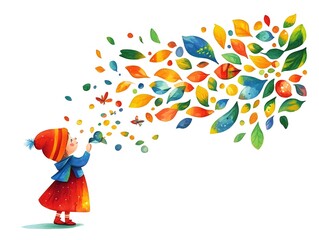 Little girl joyfully blowing leaves in a vibrant autumn landscape surrounded by colorful foliage and sunshine