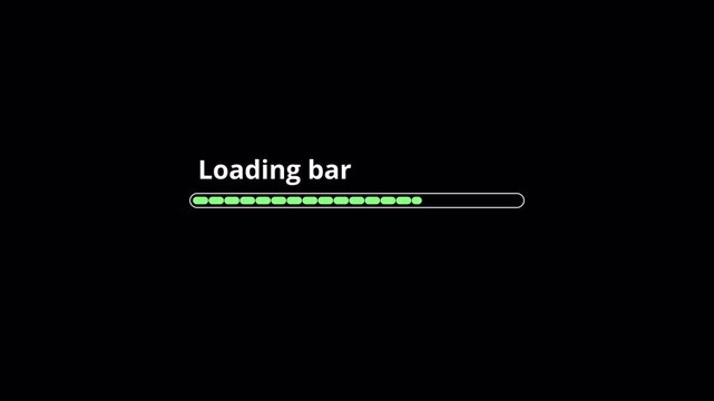 Loading progress bar animation from 0 to 100 percentage on black background video, 4k animated progress bar on transparent background