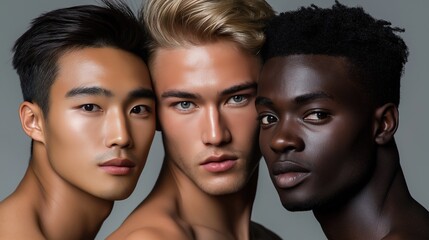 Close-Up Portrait of Diverse Men Models with Natural Beauty and Flawless Skin