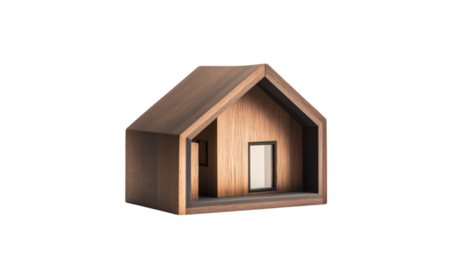 Wooden house model showcasing modern architectural design with natural elements and clean lines