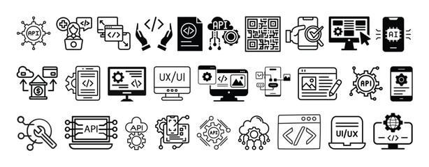 Web Devolopment, APIs, Coding, UI UX design, App devolopment, Technology icon set collection vector  design.