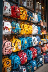 Fototapeta premium Various children's backpacks in bright colors and playful designs are neatly arranged on display at a street shop. The vibrant selection attracts the attention of passersby on a sunny day