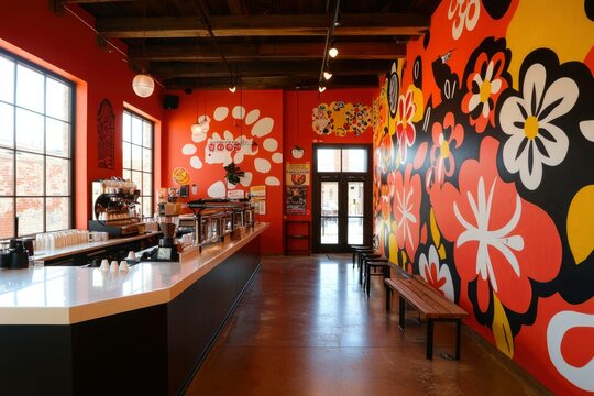 Bright cafe interior with floral mural, counter, and benches