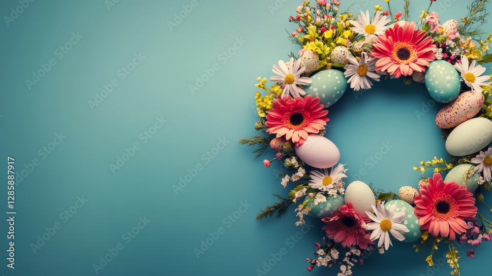 Wall mural Wreath of flowers and eggs with a blue background. The flowers are pink and yellow and the eggs are white and blue. The wreath is circular and the eggs are scattered around it