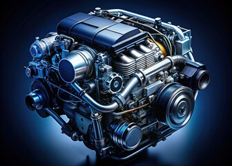 High-tech engine, dark blue backdrop. Sleek tilt-shift design. Futuristic automotive.