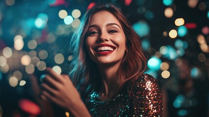 Beautiful woman smiling joyfully at night party with bokeh lights in background

