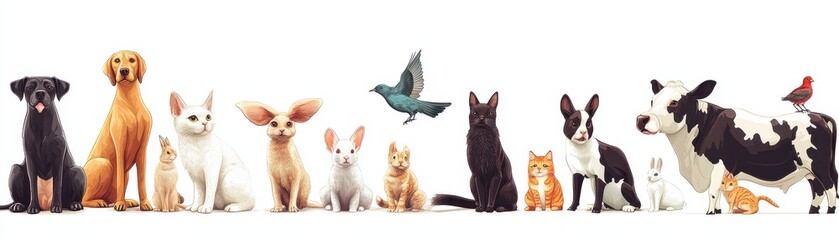 Variety of animals and pets lined up on a white background, including dogs, cats, and birds.