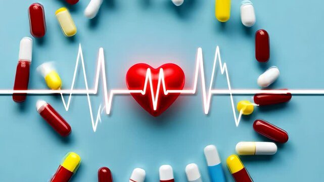 Animation showing heart disease treatment with pills and drugs that care for cardiovascular health to enhance longevity therapy