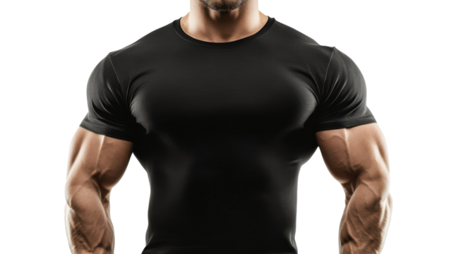 Muscular man showcasing physique in black fitted shirt against a simple background