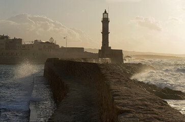 lighthouse at sunset in Chania