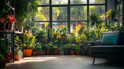 Large room with a couch and many potted plants. The plants are in various sizes and colors, and the room is filled with sunlight. Scene is peaceful and relaxing, as the plants