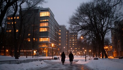 Couple walking snowy city park path at dusk by lit buildings