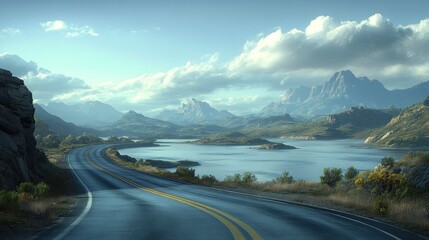 Naklejka premium Scenic mountain road winding to lake