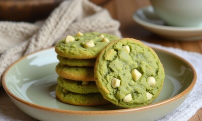 Green matcha cookies with white chocolate
