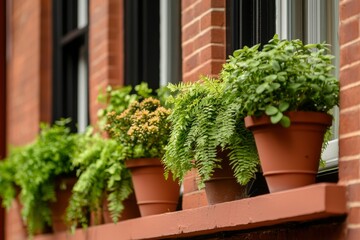 Fototapeta premium Potted plants on a window ledge of a brick building