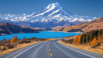 Fototapeta premium Scenic mountain road leading to turquoise lake, with snowy peak in background