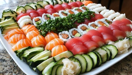 Assorted sushi platter on table, home dining, fresh seafood
