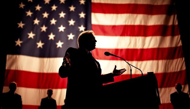 A senator speaks at a podium, silhouetted against a massive American flag backdrop.

