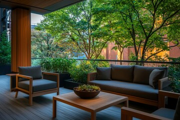 Obraz premium Modern balcony with city view, outdoor furniture, lush greenery for relaxation