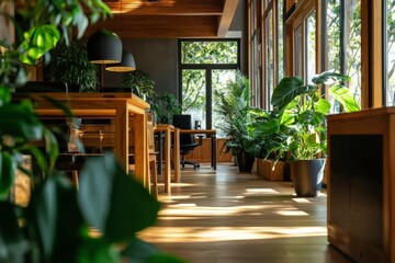 Fototapeta premium Modern office interior with plants, natural light, wood furniture, and quiet workspace