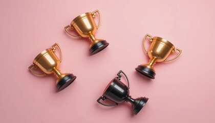 A variety of small trophies arranged creatively on a colorful background with decorative elements