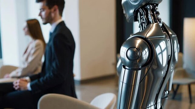 Chrome humanoid robot patiently waiting in recruitment line, surrounded by business professionals during job interview process, showcasing future of workplace automation and technological evolution