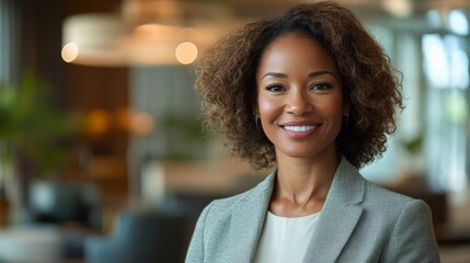 A beautiful businesswoman smiles warmly while wearing professional attire