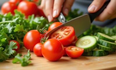 Vegetables being chopped in kitchen