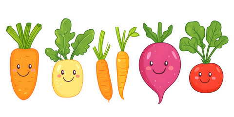Fototapeta premium Brightly smiling cartoon carrots turnips and beets cheerful and vibrant showcasing happy expressions