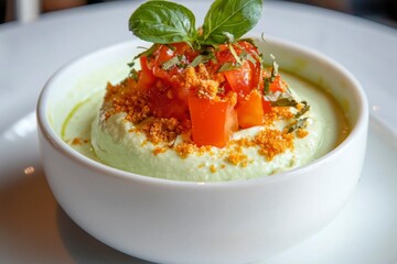 Creamy avocado dip topped with tomatoes, basil, and crumbs