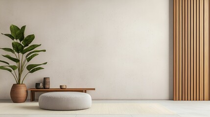 A minimalist interior featuring a round cushion, a wooden bench, decorative items, and a lush plant against a neutral wall.