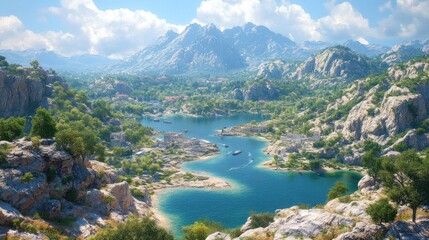 Fototapeta premium Scenic mountain valley with harbor and boats
