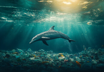 Obraz premium Dolphin Dying in Polluted Water: Impact of Water Pollution on Marine Life 