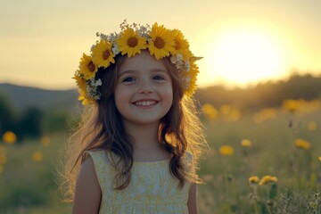 Happy summertime symbol. Golden hour in sunset. Happy middle eastern child girl wearing yellow flower circlet on her head. Sunlit happiness for kids. Joyful girl in a blooming meadow.