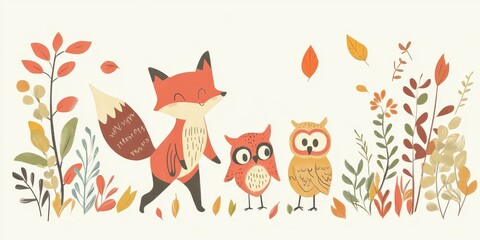 Fototapeta premium Cute Fox and Owl in Autumnal Forest