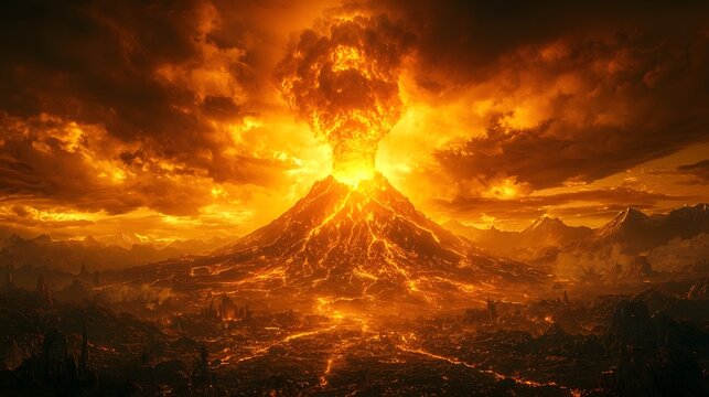Glowing Supervolcano Erupting Ash Cloud Blanketing the Sky in an Apocalyptic Doomsday Scenario